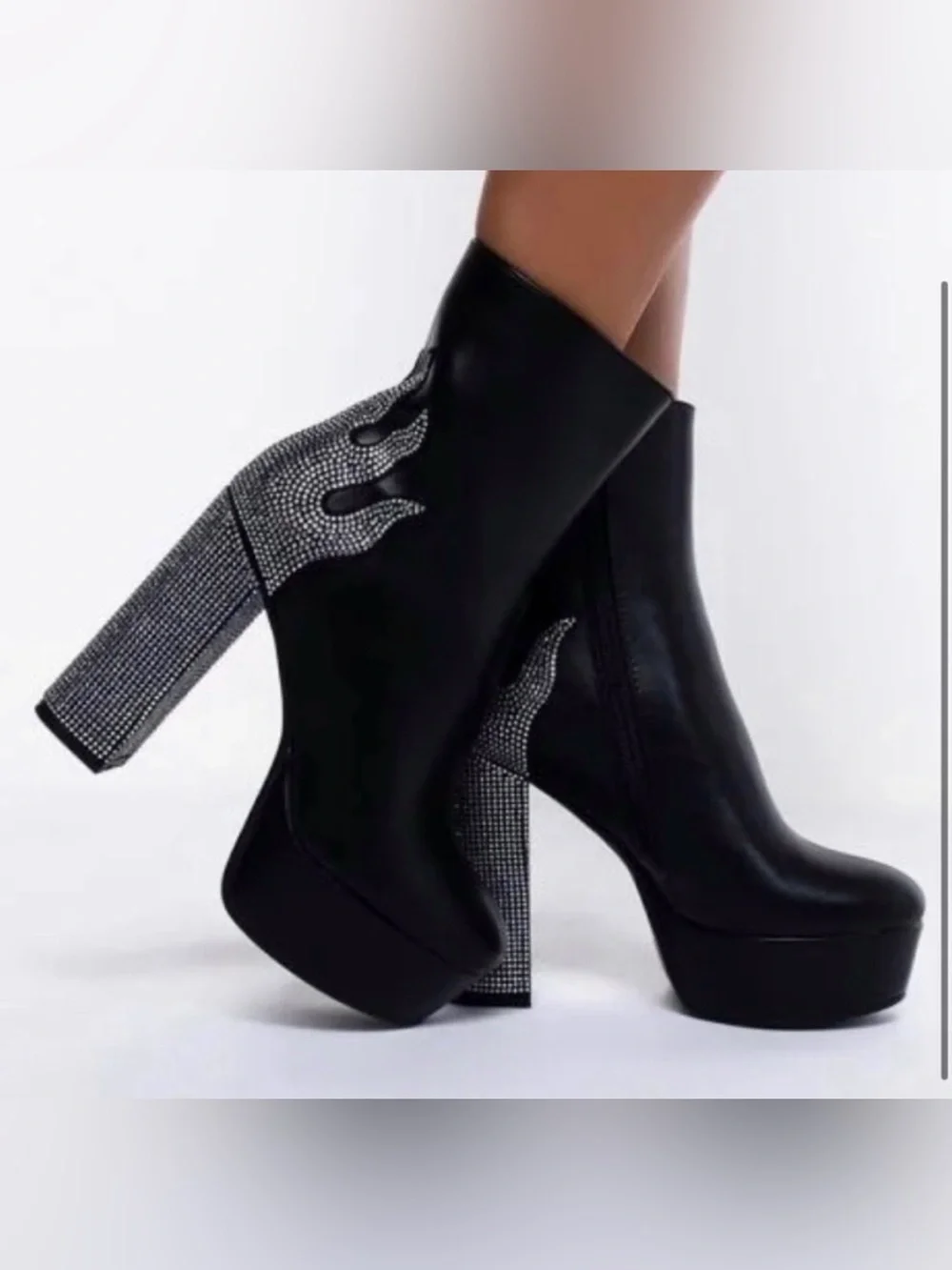 Azalea Wang dolls kill Black Platform Boots Rhinestone Flame Detail 7.5 flashy